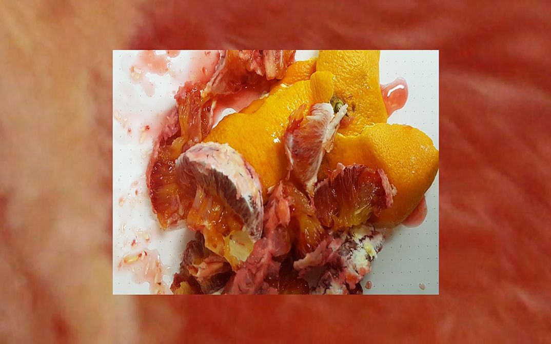 Filmstill aus dem Film "MU/T/T/ER" von Esther Kondo Heller. Man sieht eine zerstückelte Blutorange.