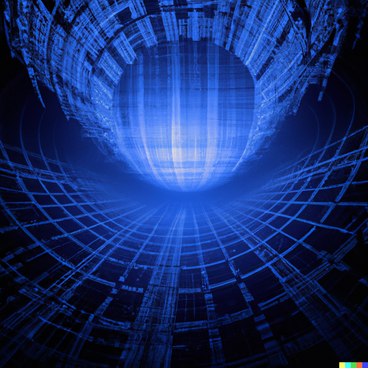 A blue vortex of digital lines merging towards an illuminated centre.