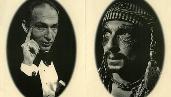 Film still from ROY COHN/JACK SMITH: Oval-shaped photographs of Roy Cohn and Jack Smith side by side.