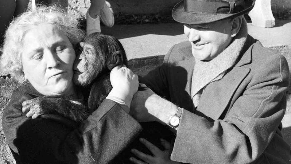 Filmstill aus LAND DES SCHWEIGENS UND DER DUNKELHEIT: Ein Mann hält einen Affen nah an das Gesicht einer älteren Frau. Sie hält den Affen fest.