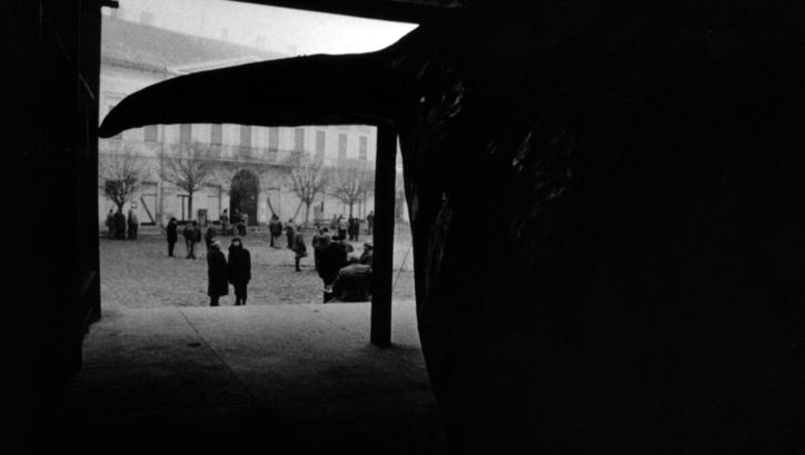 Filmstill aus WERCKMEISTER HARMÓNIÁK: Aus einem dunklen Raum heraus, in dem man die Schwanzflosse des ausgestopften Wales sieht, blickt man auf einen Platz mit winterlich gekleideten Menschen.