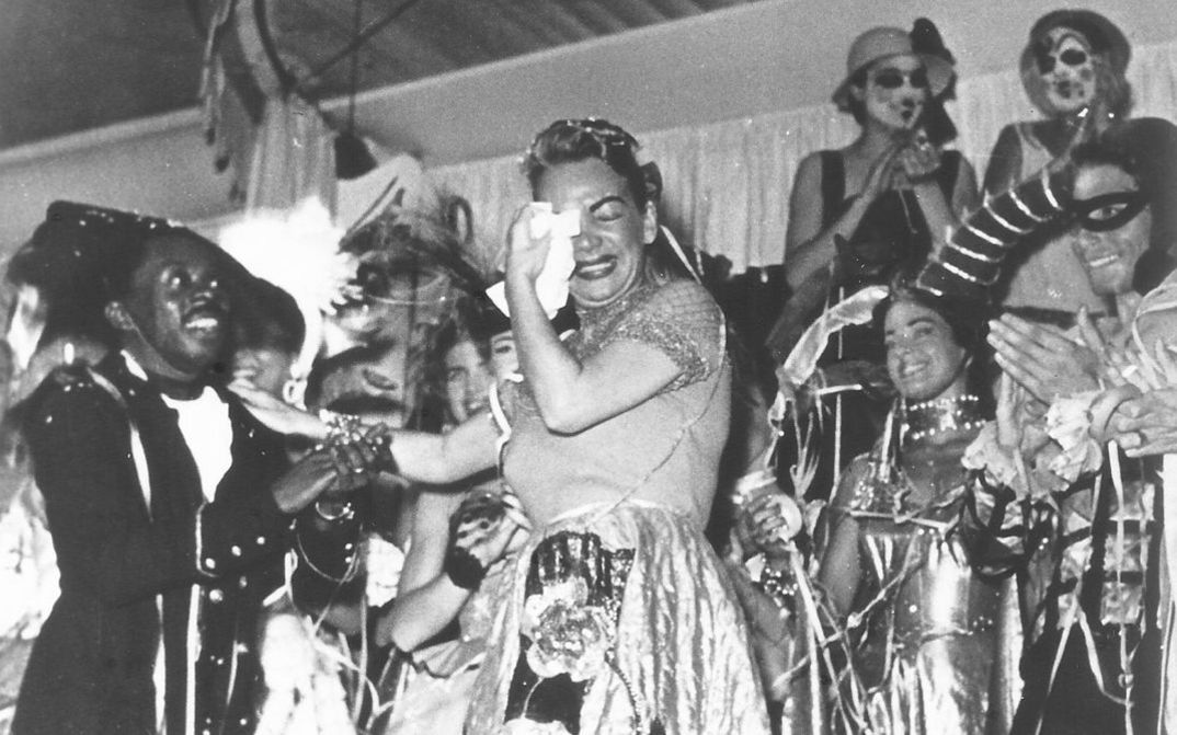 Film still from CARMEN MIRANDA: BANANAS IS MY BUSINESS: Carmen Miranda on stage.
