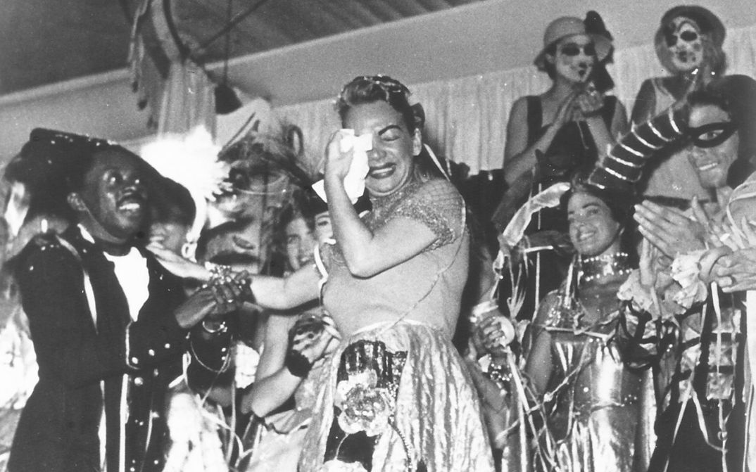 Film still from CARMEN MIRANDA: BANANAS IS MY BUSINESS: Carmen Miranda on stage.