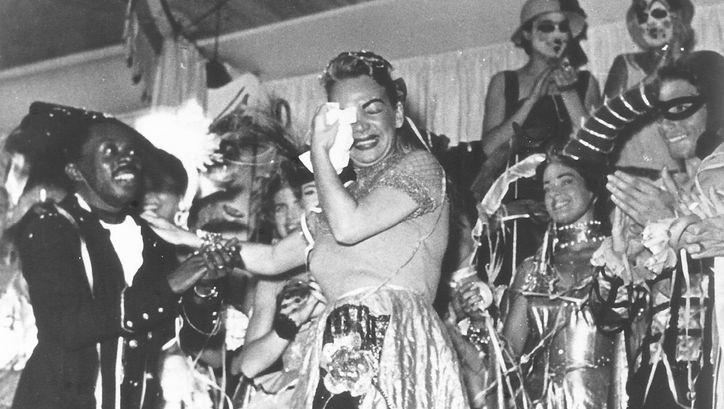 Film still from CARMEN MIRANDA: BANANAS IS MY BUSINESS: Carmen Miranda on stage.