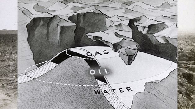 Filmstill aus dem Film „Sahnehaye Estekhraj" von Sanaz Sohrabi. Abbildung einer für die Betrachter*innen aufgeschnittenen Gebirgslandschaft, die die Vorkommen von Gas, Öl und Wasser in den Gesteinsschichten zeigt. 