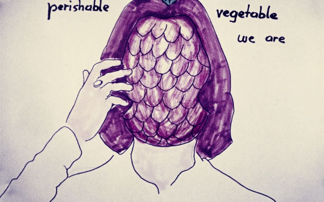 Filmstill aus "Selfportrait" von Maria Lassnig. Zu sehen ist eine Zeichnung mit dem Porträt einer Person, die eine Ananas als Gesicht hat. 