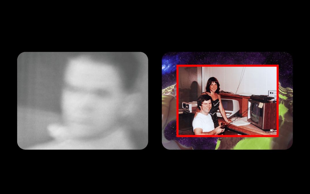 Film still from Gala Hernández López’s film “for here am i sitting in a tin can far above the world”. A split screen. To the left, a blurred black and white image of a person. To the right, a spacey landscape in the background, overlayed with a photograph of two smiling people sitting in front of an old television set.