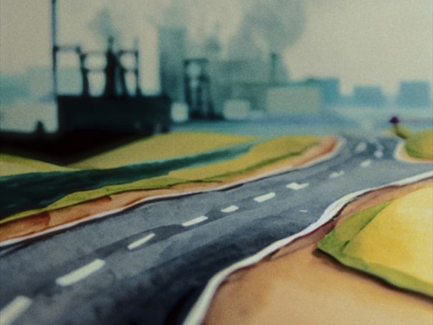 Film still from Gernot Wieland’s film “The Perfect Square”. An animated road with factories in the distance. 