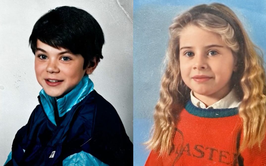 Zwei Kinderporträts nebeneinander, Junge im Trainingsanzug, Mädchen im Pullover.