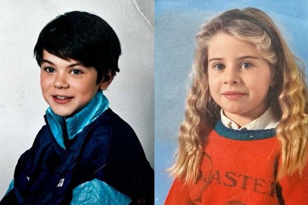 Zwei Kinderporträts nebeneinander, Junge im Trainingsanzug, Mädchen im Pullover.