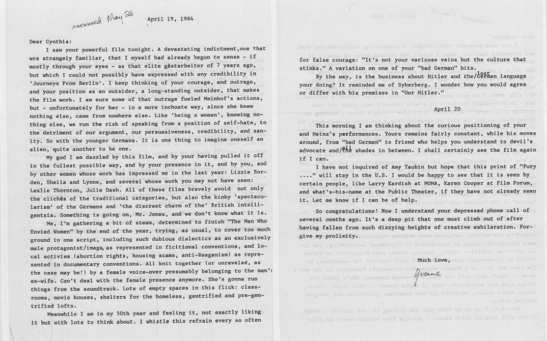 Letter from Yvonne Rainer to Cynthia Beatt, April 19, 1984