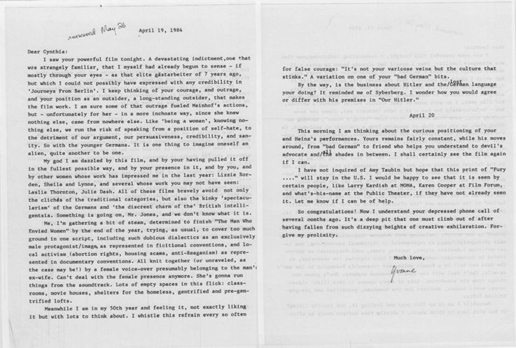 Brief von Yvonne Rainer an Cynthia Beatt, 19. April 1984