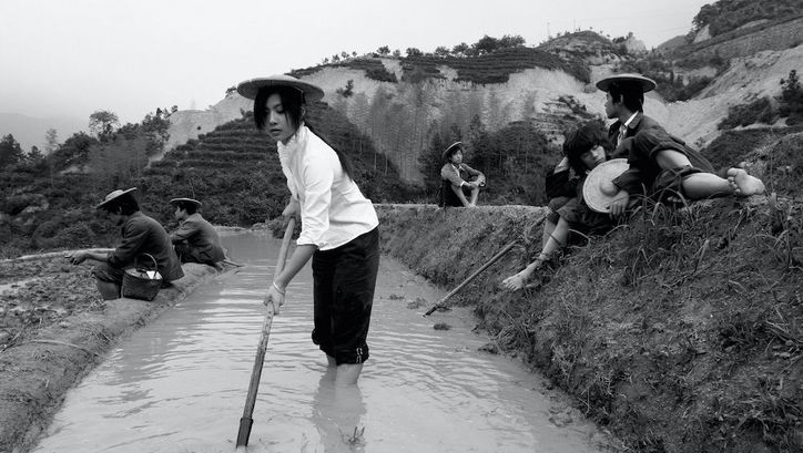 Film still from SEVEN INTELLECTUALS IN A BAMBOO FOREST: Some people are working and sitting in a terraced rice field.