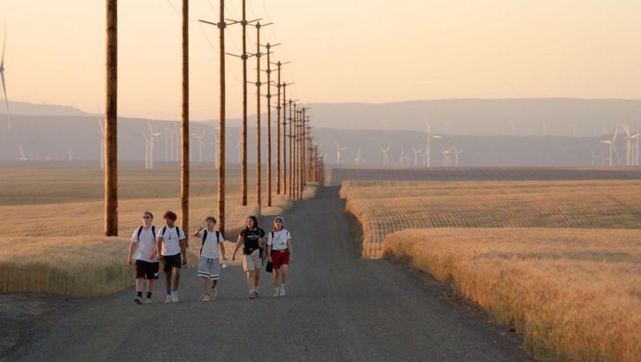 A group of teenagers walk along a slightly hilly and empty road between cornfields in the soft evening light.Film still from GASOLINE RAINBOW: 