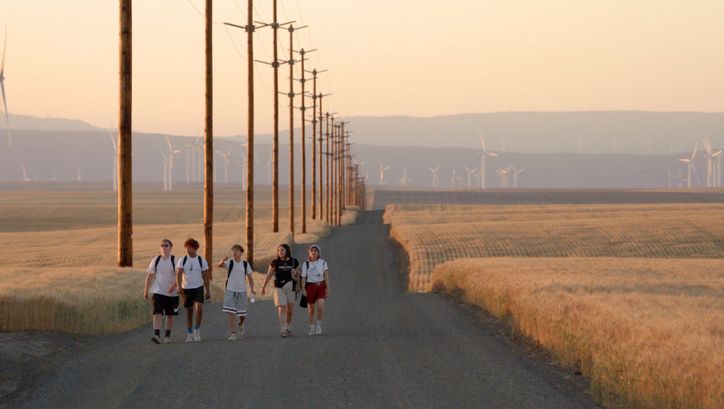 Filmstill aus GASOLINE RAINBOW: Eine Gruppe von Teenagern läuft im sanften Abendlicht eine leicht hügelige und leere Straße zwischen Getreidefeldern.