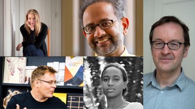 Eine Collage von Porträtfotos der Diskussionsteilnehmer: Nina Menkes, Girish Shambu, Bert Rebhandl, Christoph Hochhäusler und Djamila Grandits.