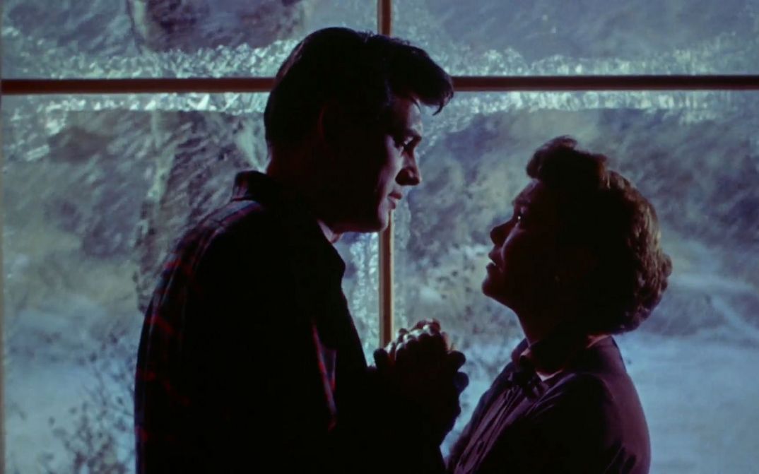 Filmstill from ALL THAT HEAVEN ALLOWS: A man and a woman hold hands. They are facing each other. It looks dramatic.