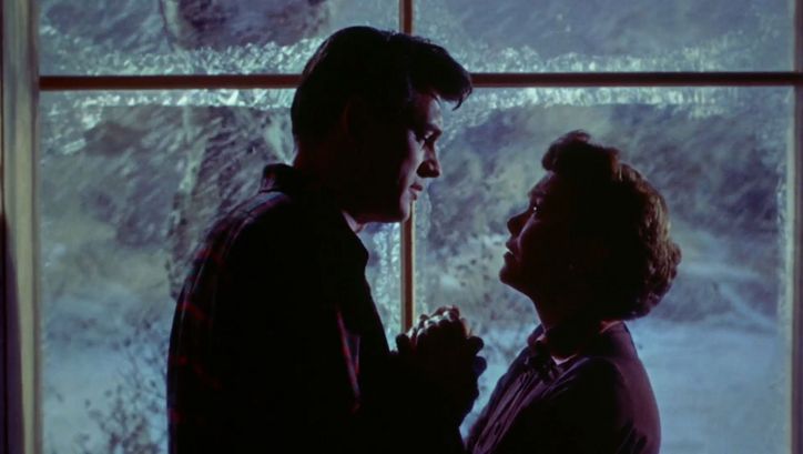 Filmstill aus ALL THAT HEAVEN ALLOWS: Ein Mann und eine Frau halten sich bei den Händen. Sie sind einander zugewandt. Es wirkt dramatisch.