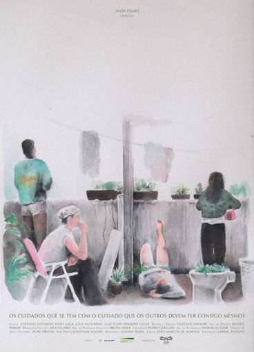 A watercolour drawing of four individuals lounging on a rooftop.