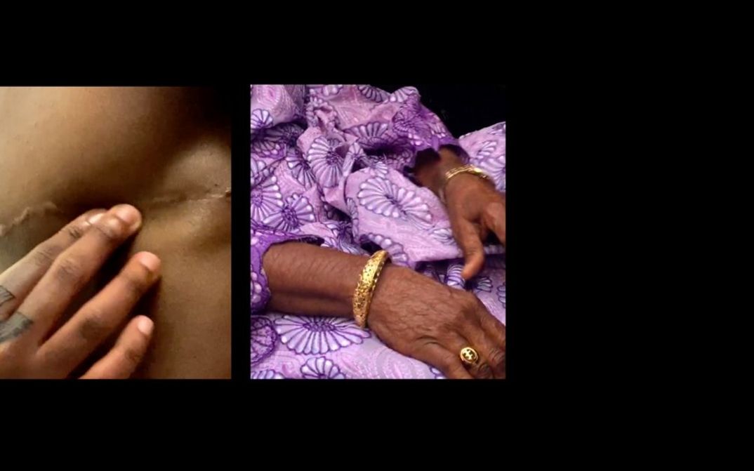 Film still from Ayo Tsalithaba’s film “Atmospheric Arrivals”. To the left of the screen is a close-up image of a Black person massaging scars on their chest. They have a rainbow tattoo on their fingers. Beside this is another close-up image of an elderly Black woman wearing gold jewelry and a purple dress.