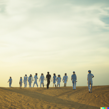 A photorealistic image of twelve figures with their faces obscured. They are standing along a ridge of desert sand, all of them in white except for one in black. 