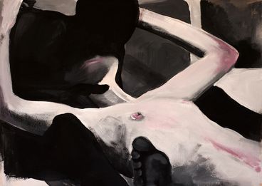An image of a pink man laying on his back, being kissed by an entirely black figure devoid of features.