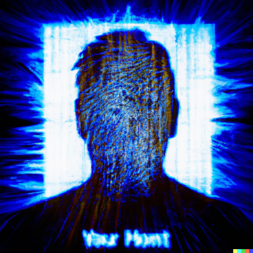 Ein blaues Bild vom Umriss einer Person mit kurzen Jahren, dahinter ein Leuchten, dass einem digitalen Bildschirm gleicht. Etwas Fingerabdruckartiges liegt auf dem Gesicht, und darunter steht unleserlicher Text.