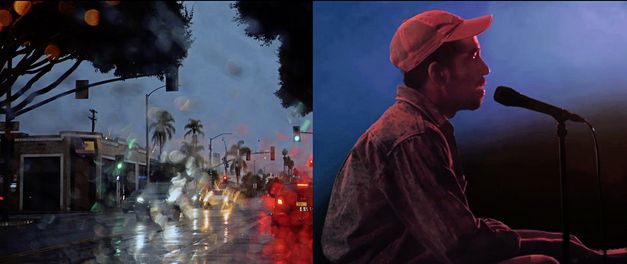 Two images are shown. On the left is an evening, rainy city scene seen through a pane of glass. On the right is a man wearing a cap and singing into a microphone. The background is dark blue. 