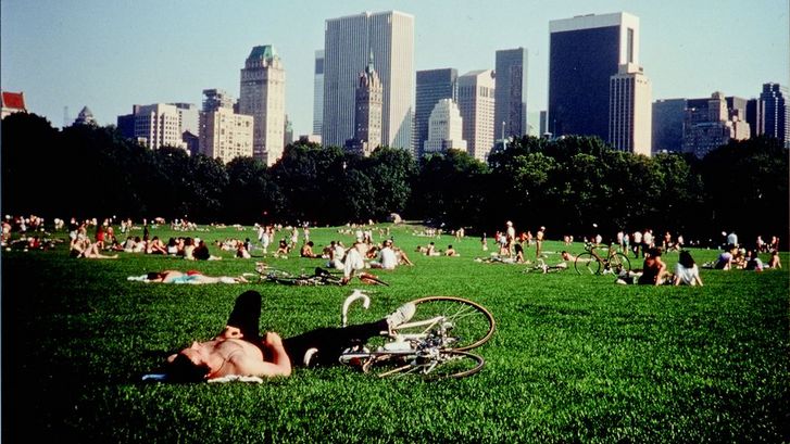 Film still from CENTRAL PARK. People are lying in the grass in Central Park, in the background you can see the skyscrapers of Manhattan.