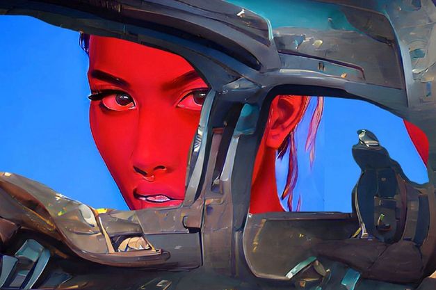 Computer-generiertes Bild: Rotes weiblich wirkendes Gesicht blickt durch zerstörte Fahrzeugkarosserie, Vogel sitzt im Bild.