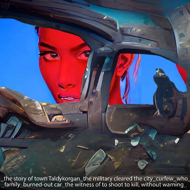 Computer-generiertes Bild: Rotes weiblich wirkendes Gesicht blickt durch zerstörte Fahrzeugkarosserie, Vogel sitzt im Bild.