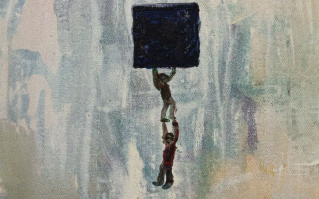 Film still from Gernot Wieland’s film “The Perfect Square”. A painting of two figures: the one below stands and holds the other one up, and they are holding an object in the shape of a square.