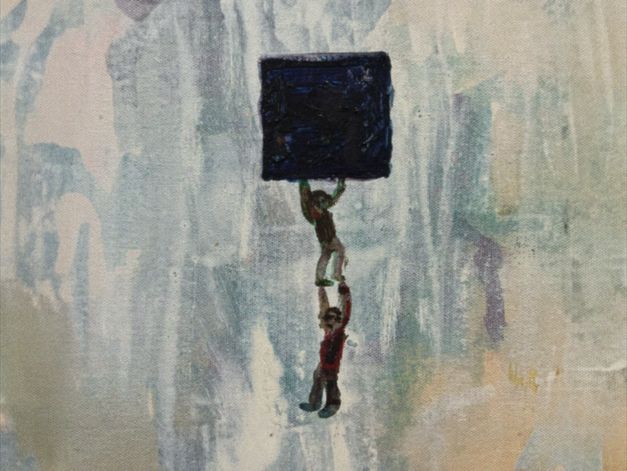Film still from Gernot Wieland’s film “The Perfect Square”. A painting of two figures: the one below stands and holds the other one up, and they are holding an object in the shape of a square.