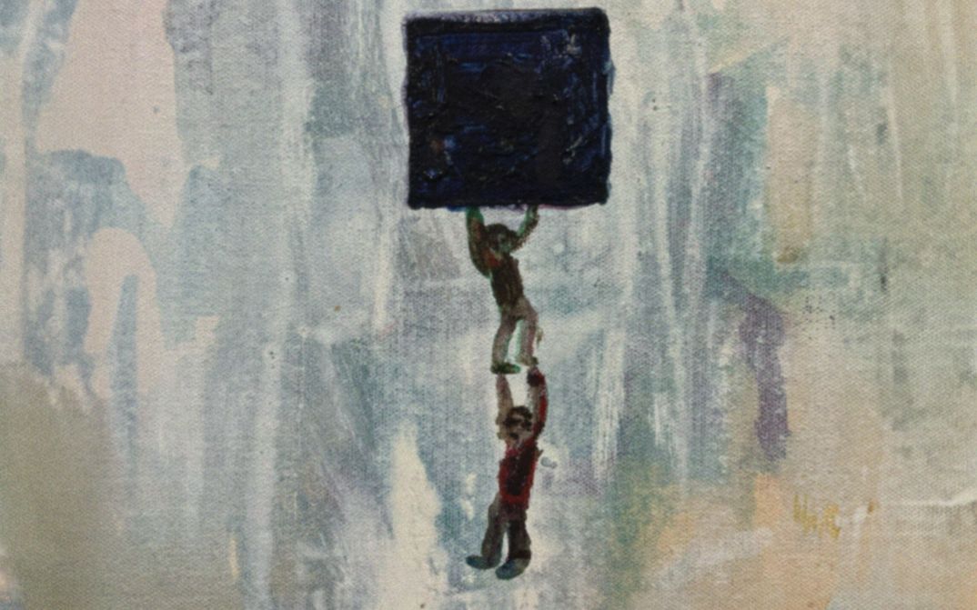 Film still from Gernot Wieland’s film “The Perfect Square”. A painting of two figures: the one below stands and holds the other one up, and they are holding an object in the shape of a square.