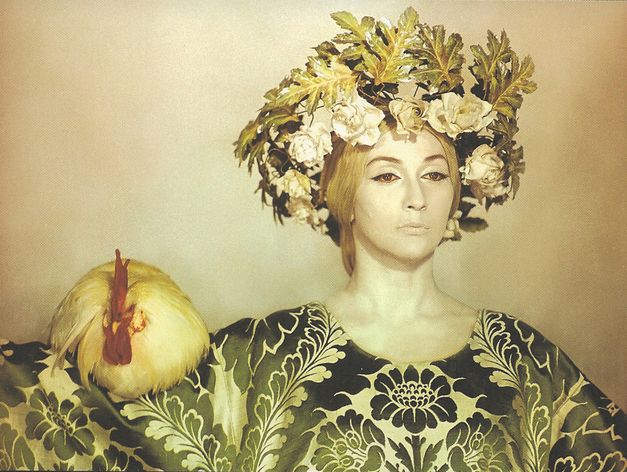 Film still from SAYAT NOVA: A yellowish colored picture with a woman with striking makeup and hair ornaments, on her shoulder sits a chicken.