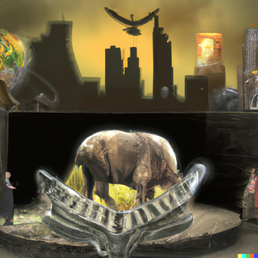 A dense image with the silhouette of a city scape in the background, and an animal resembling a brown bear within a machine-like cradle.