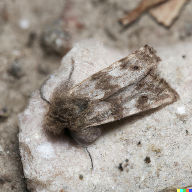 Close-up image of a grey and brown item that resembles a moth perched on a rock.