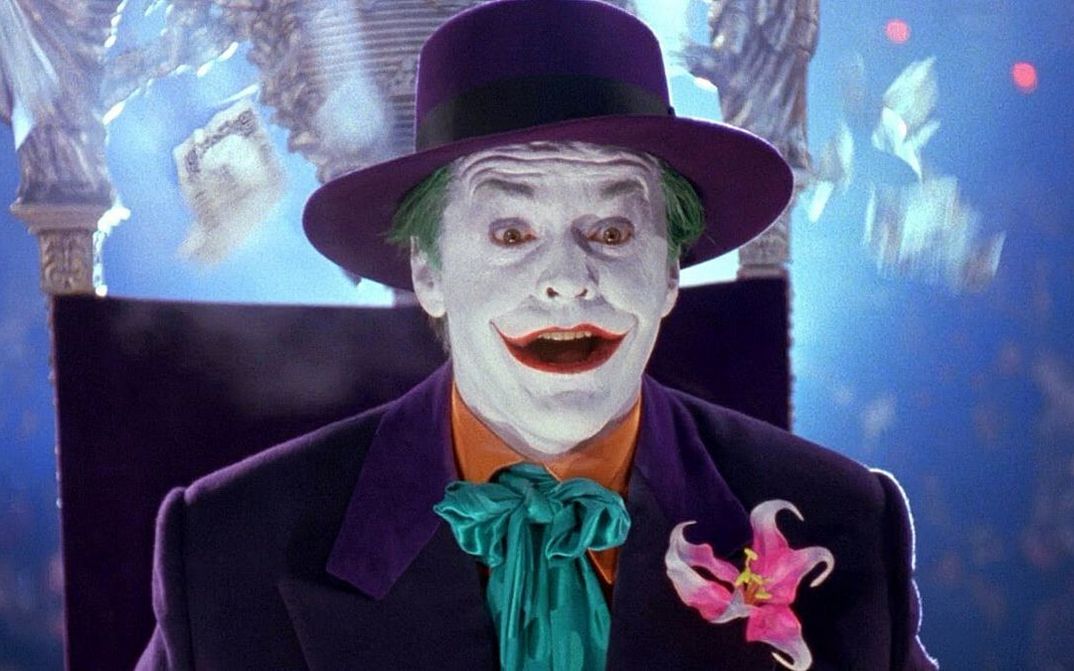 Film still from BATMAN: Actor Jack Nicholson as the Joker with his face painted white