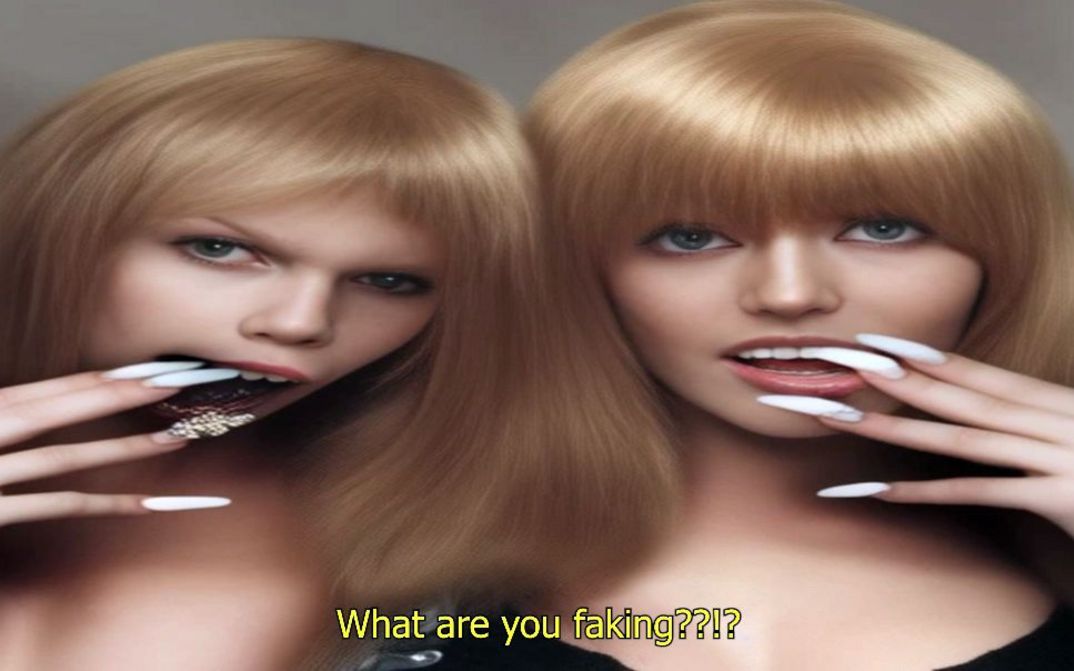 Zwei weiblich wirkende Figuren mit langen Nägeln, frontal inszeniert, Text im Bild: „What are you faking?!“.