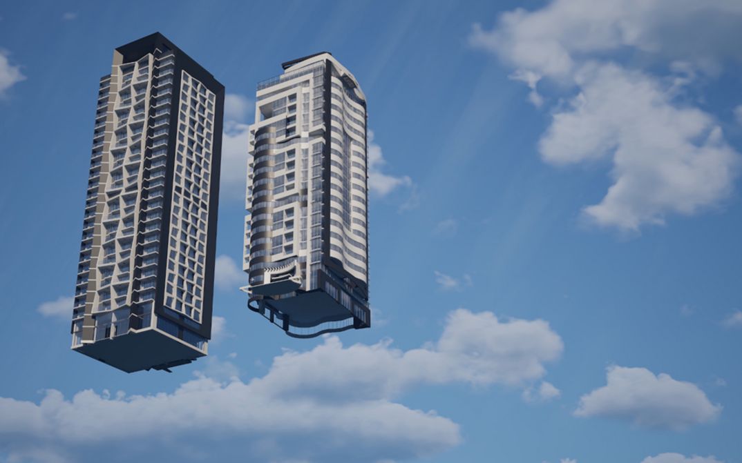 Still from Antoine Chapon film’s “Al Basateen”. In a blue sky, two 3D-modeled buildings float side by side