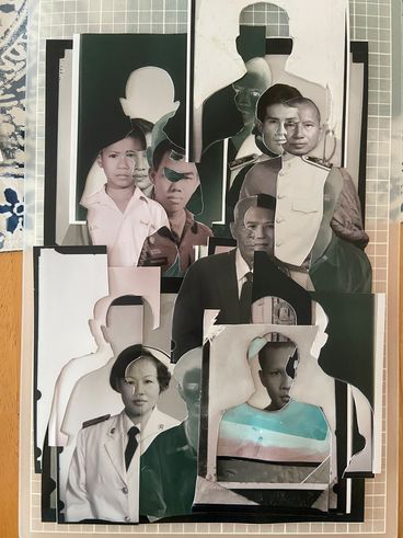 Still from the making of PARASITE FAMILY by Prapat Jiwarangsan. collage-like arranged portrait photos.