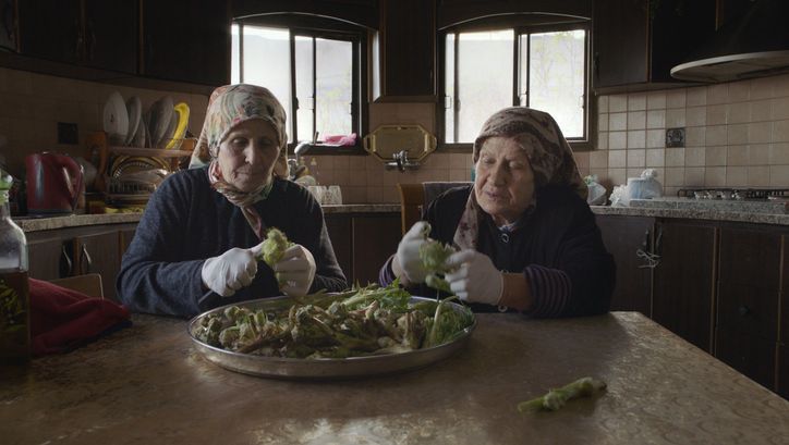 Film still from FORAGERS: Two women sit at a table and clean wild plants.