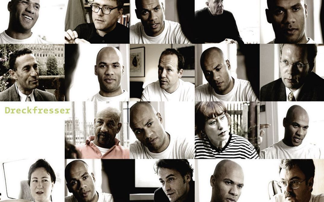 Still from the film "Dirt for Dinner" by Branwen Okpako. A collage of 20 heads in a square grid.