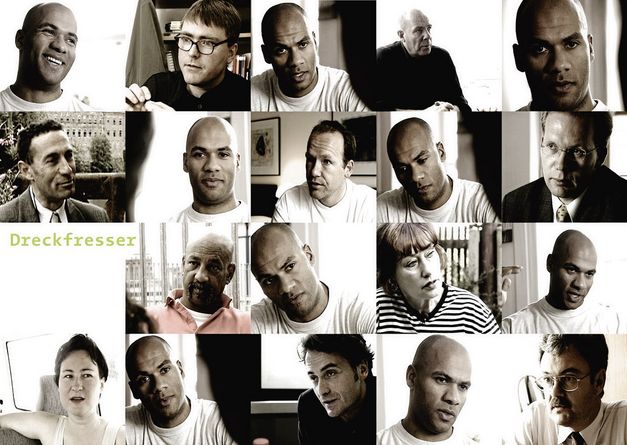 Still from the film "Dirt for Dinner" by Branwen Okpako. A collage of 20 heads in a square grid. 