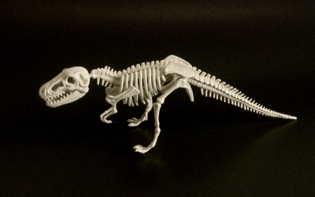 Film still from LITLE BOY by James Benning. The image shows a white toy dinosaur skeleton against a black background.
