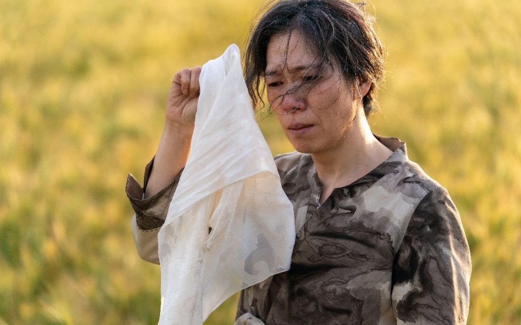 Frau steht auf einer Wiese und hält ein helles Tuch in der Hand, ihr Gesicht teilweise vom Wind bewegten Haaren verdeckt.