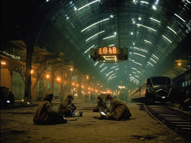 Mehrere Personen sitzen nachts in einer großen Bahnhofshalle neben Gleisen und einem Zug.