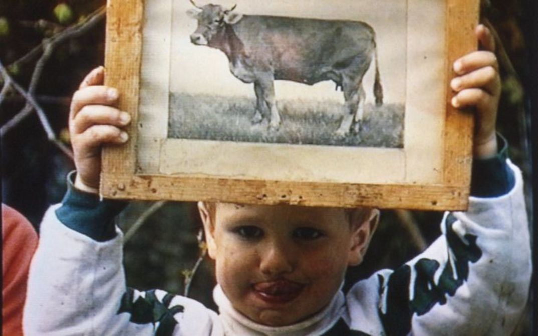 Film still from DER GRÜNE BERG: A child holds up a picture of a cow.