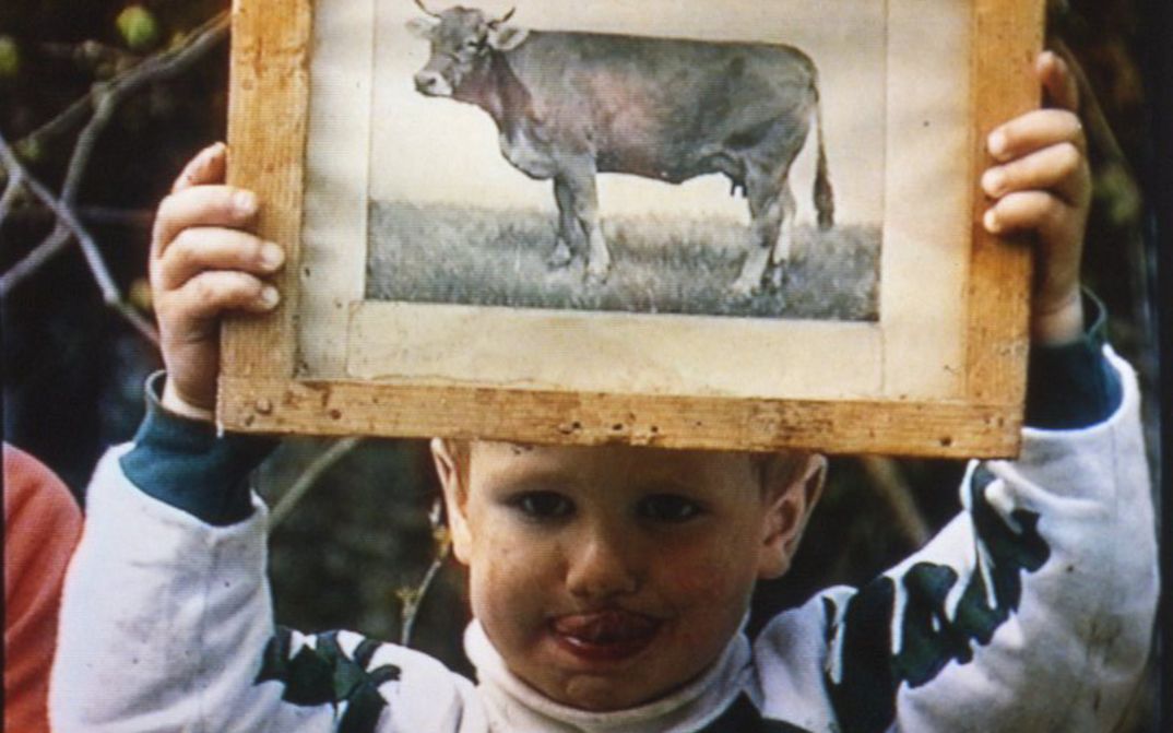 Filmstill aus DER GRÜNE BERG: Ein Kind hält ein Bild einer Kuh hoch.