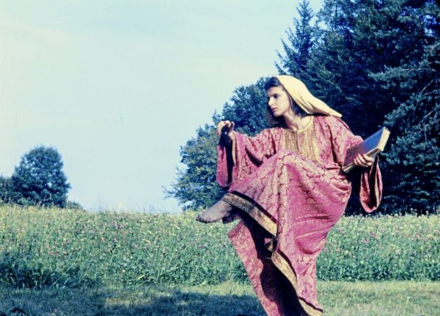 Filmstill from "Baroque Statues" by Maria Lassnig. It shows a woman in a red robe and with a scarf on her head. She raises her leg. A wildflower meadow can be seen in the background. 